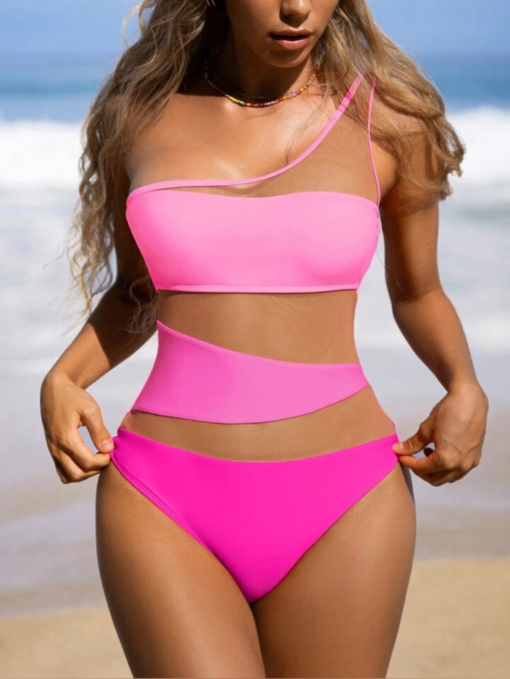 SHEIN Pink One Shoulder Mesh Cutout Swimsuit M Style Sexy One Piece